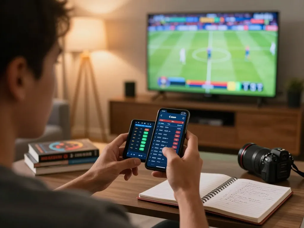 Betting enthusiast analyzes live odds on smartphone at home, focusing on n1888 sports bets.