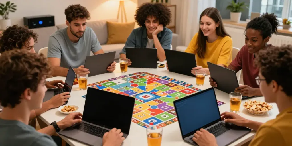 Group of friends enjoying Rumble Rummy on smartphones in a cozy living room.