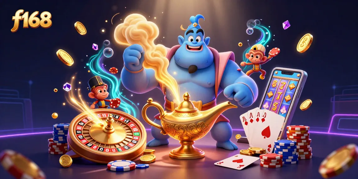 Experience the thrill of winning at f168 with a vibrant 3D casino scene filled with innovative game elements.
