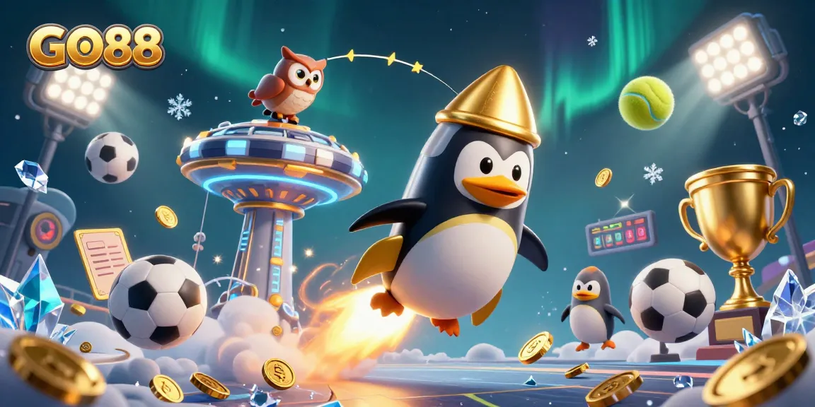Experience thrilling gambling action with GO88 as a penguin zooms towards a vibrant casino!