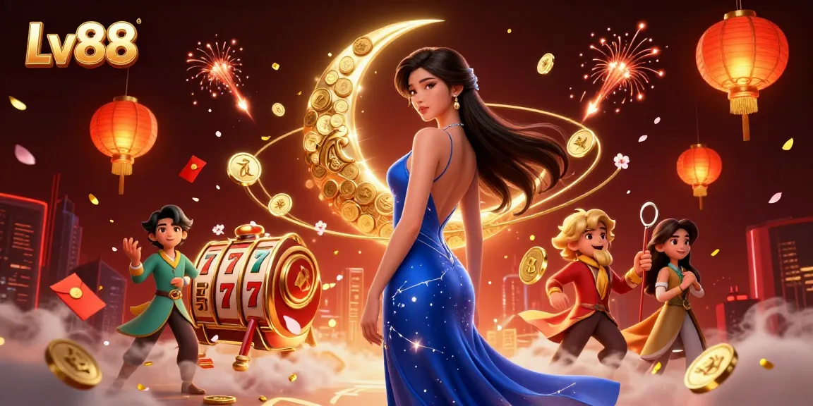 Experience winning with Lv88 in this vibrant online casino illustration featuring slotted reels and festive elements.