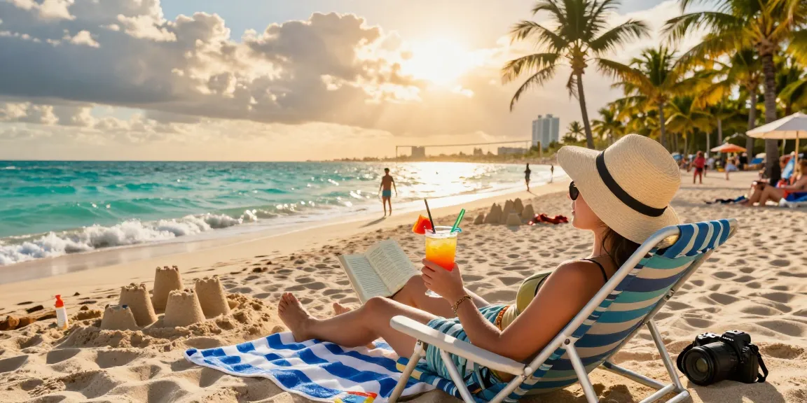 Pemandangan pantai di Miami yang menampilkan pengunjung bersantai dengan cocktail, memberikan gambaran gaya hidup tropis dari https://miami4d.com/.