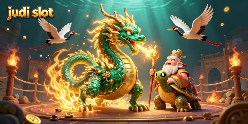 Menggandeng judi slot, ilustrasi 3D menampilkan naga giok besar menyemburkan api emas yang energik.