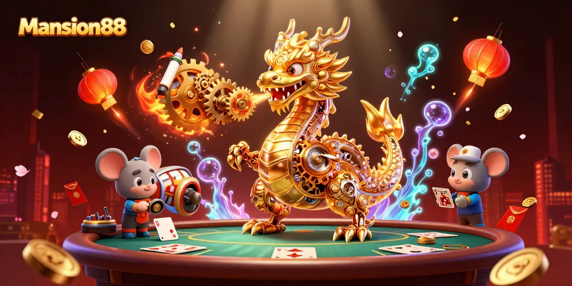 Experience the excitement of Mansion88 with a golden dragon, poker elements, and vibrant game details