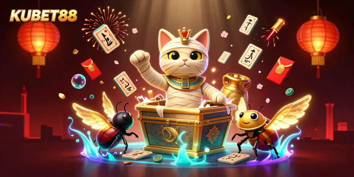 KUBET88 shows a vibrant scene with a mummy cat and elements of rich casino gaming.