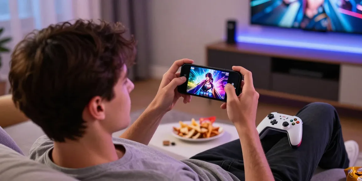 Enjoying mobile hentai games on a smartphone in a cozy gaming setup with snacks and vibrant visuals.