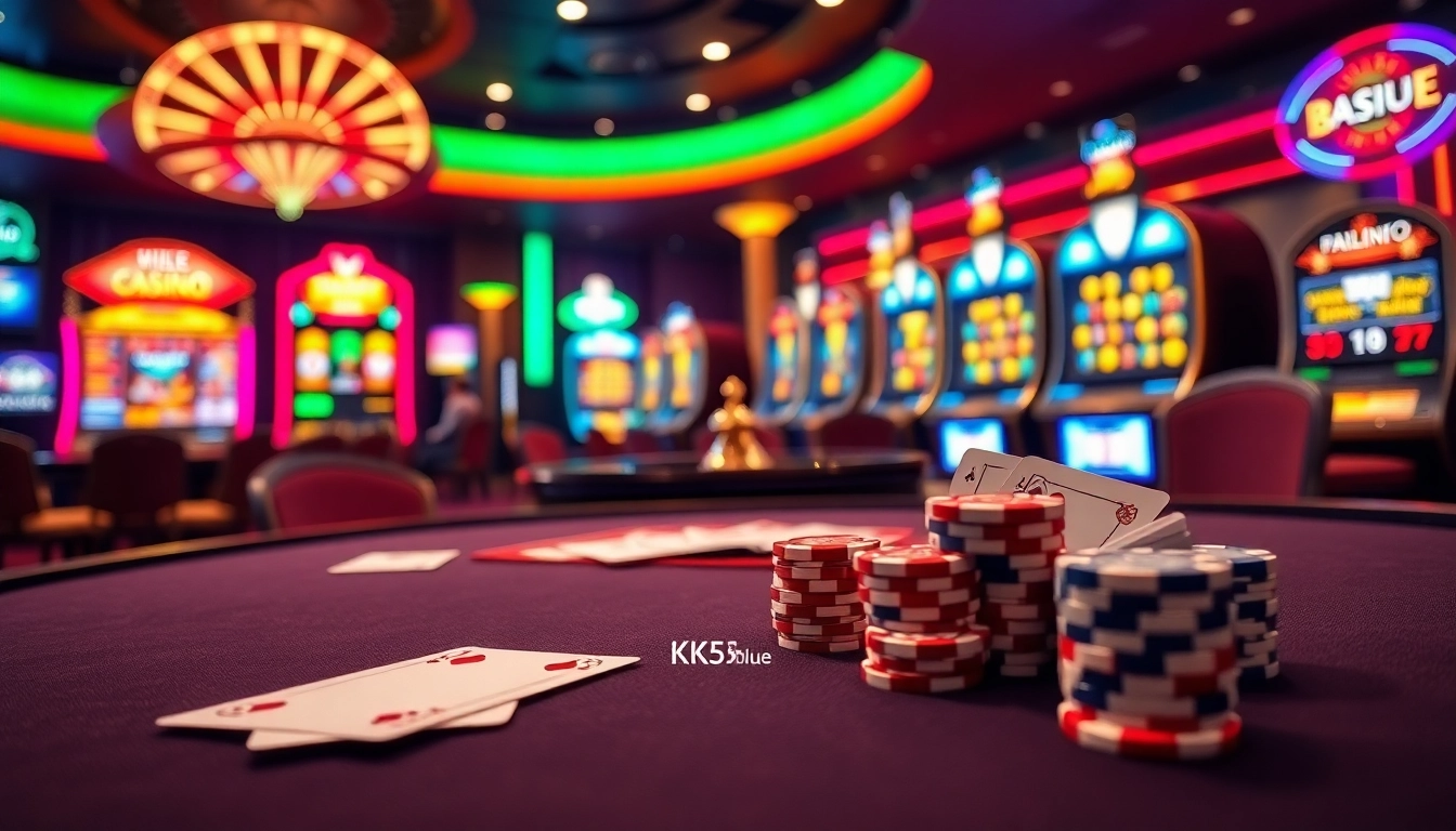Engage with KK55.blue at an upscale casino poker table featuring vibrant chips and cards.
