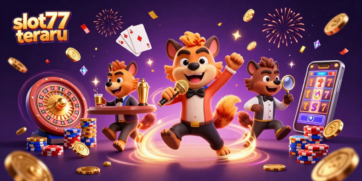 Experience gaming excitement with slot77 terbaru, featuring vibrant hyenas in a dynamic casino scene.