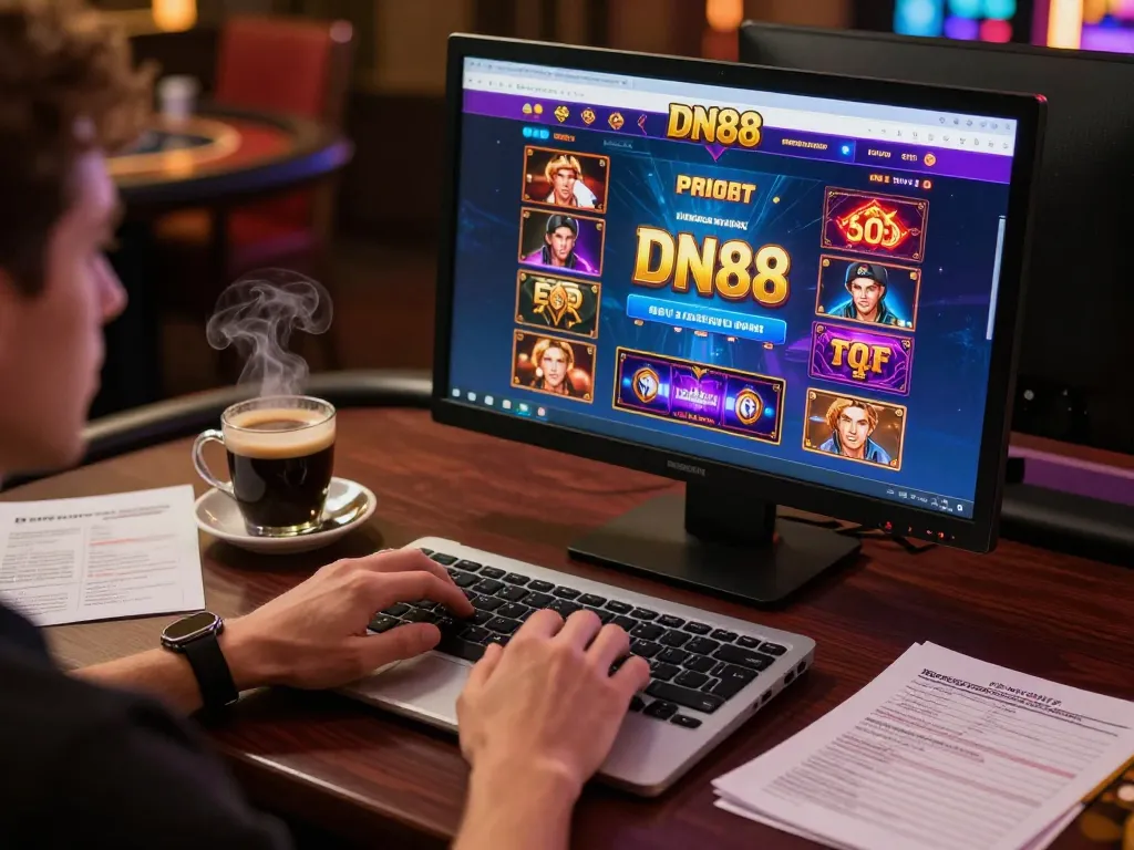 Player engaging with DN88 casino on laptop, showcasing bright game interface and strategic notes