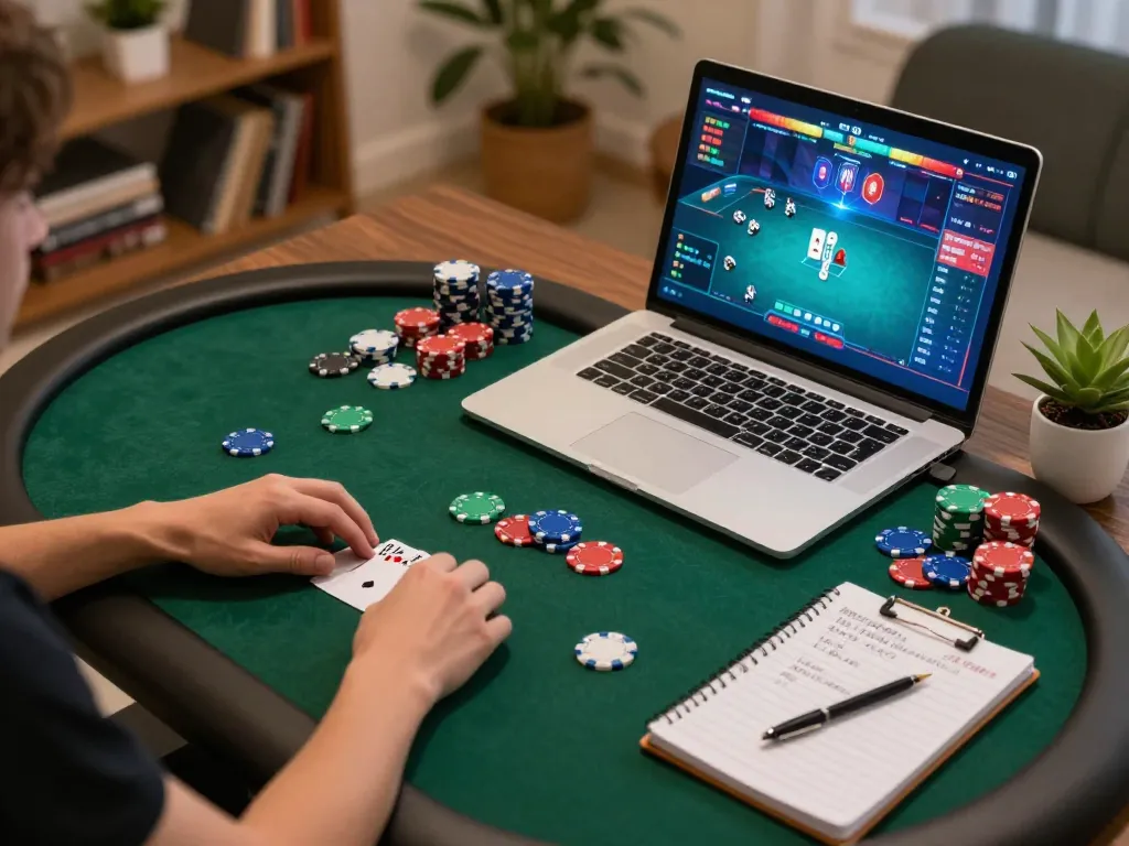 tr88 players enjoying online poker from home with strategic notes and warm lighting