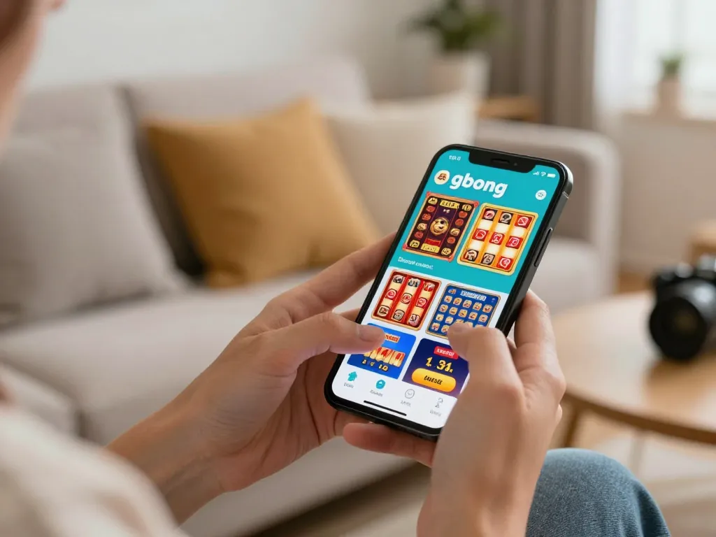 Engaging player using gbong casino app on smartphone in a cozy living room setting.