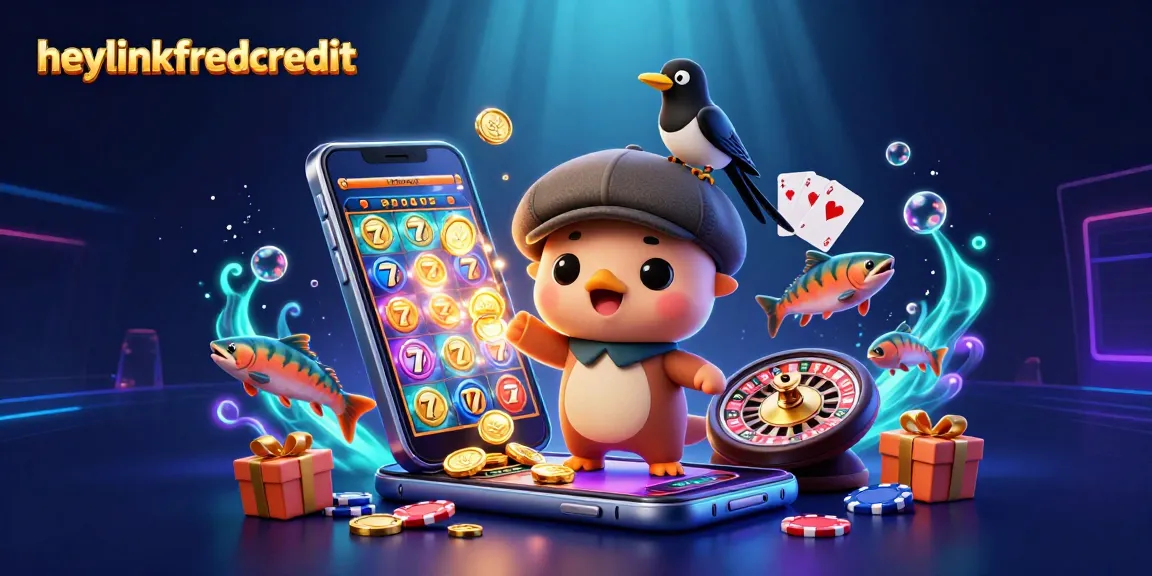 heylinkfreecredit showcases cute 3D cartoon Nessie, slot games, and shiny casino elements in a vibrant illustration.