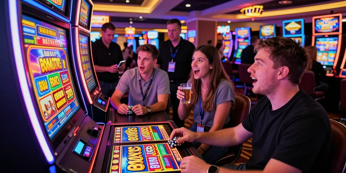Exciting players engaging with bonus buy slots at a vibrant casino, showcasing dynamic gaming action.