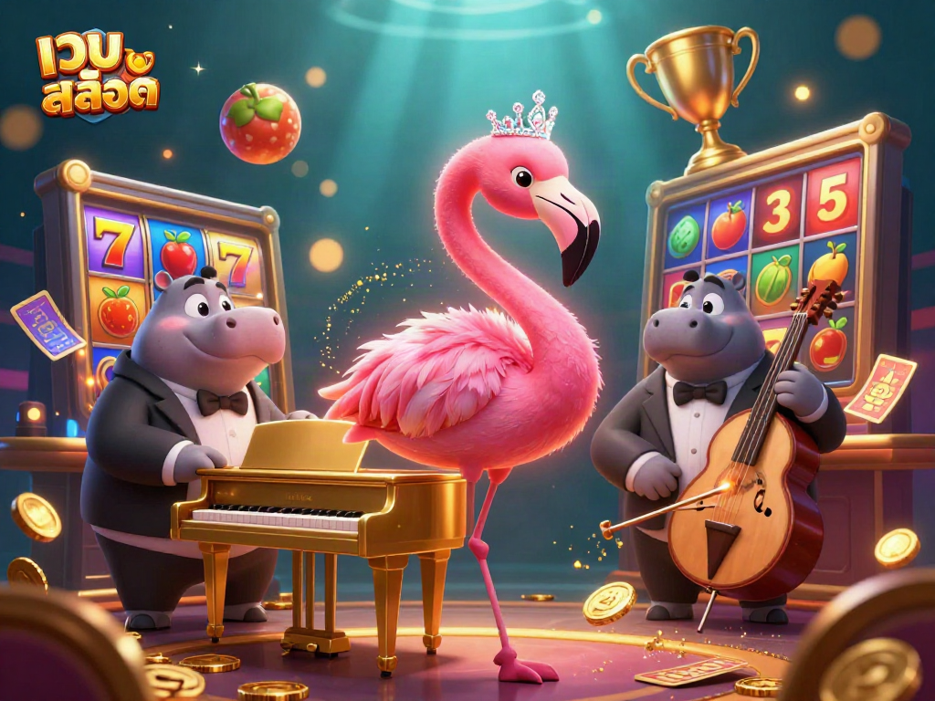 Experience winning moments with เว็บสล็อต in a vibrant casino scene with cartoon characters and gaming elements.