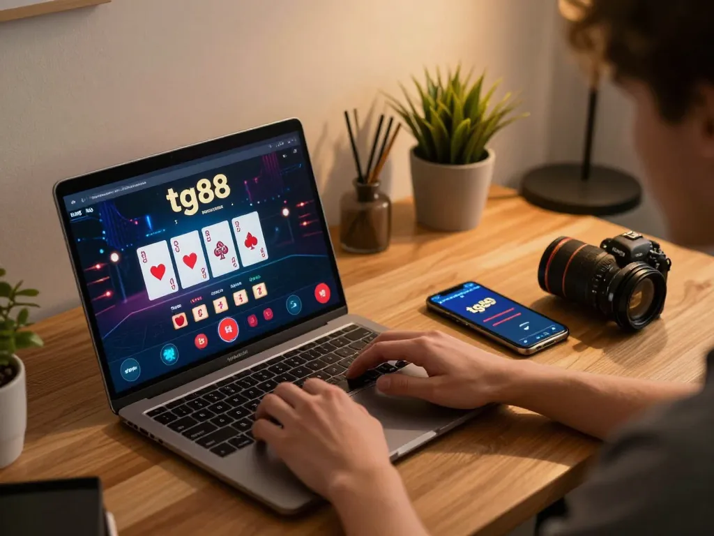 Player engaging with the tg88 online casino interface on a laptop in a cozy home setting.