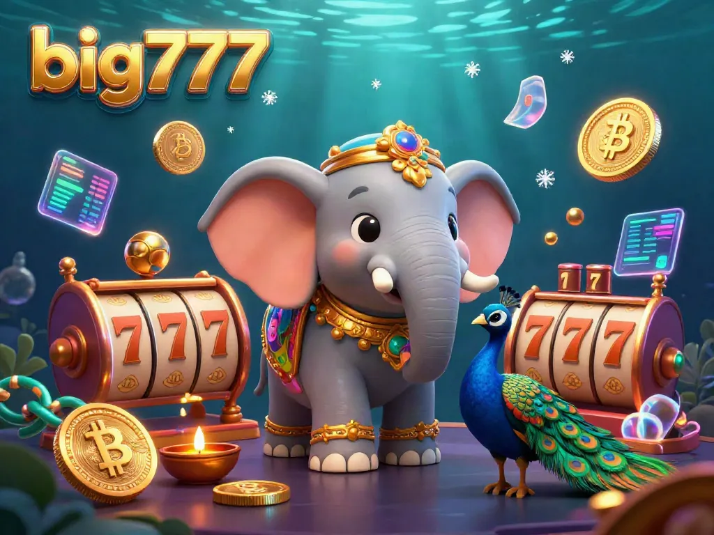 Experience big777 with colorful 3D casino scene featuring an elephant with slot elements.