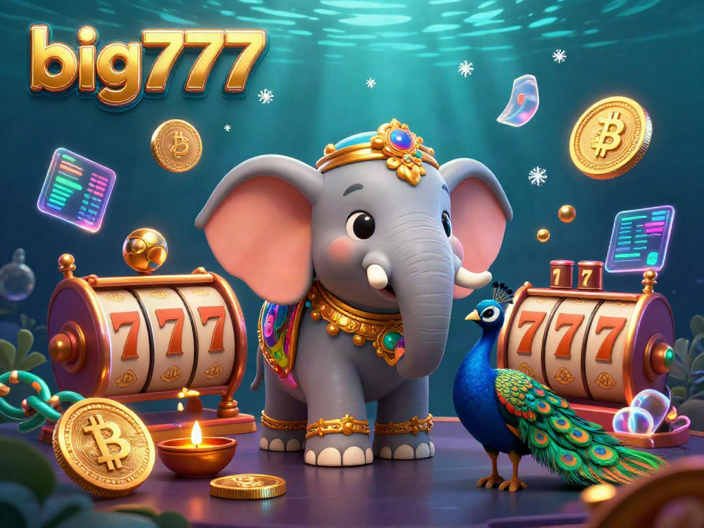 Experience big777 with colorful 3D casino scene featuring an elephant with slot elements.