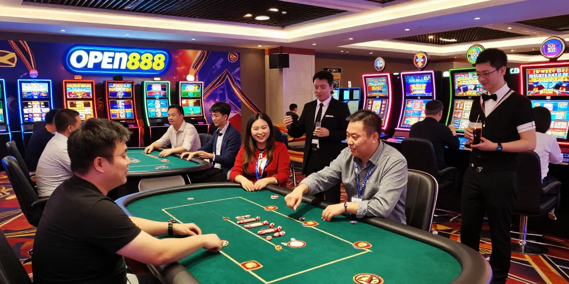 Players enjoying diverse games at OPEN888 casino, vibrant atmosphere, exciting promotions, engaging experience.