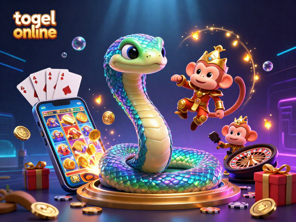 Engage in thrilling togel online gaming with a vibrant scene of a rainbow serpent and playful characters.