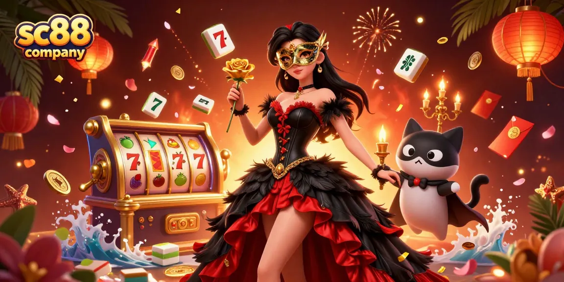 Engage with sc88 company's vibrant casino scene featuring dynamic slot reels and captivating characters.