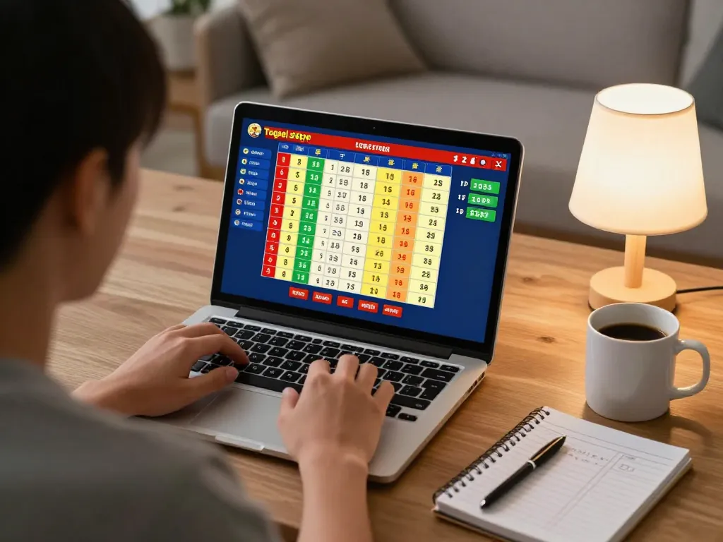 Engaging in togel sgp gaming online from home, featuring colorful number displays and a cozy setting.