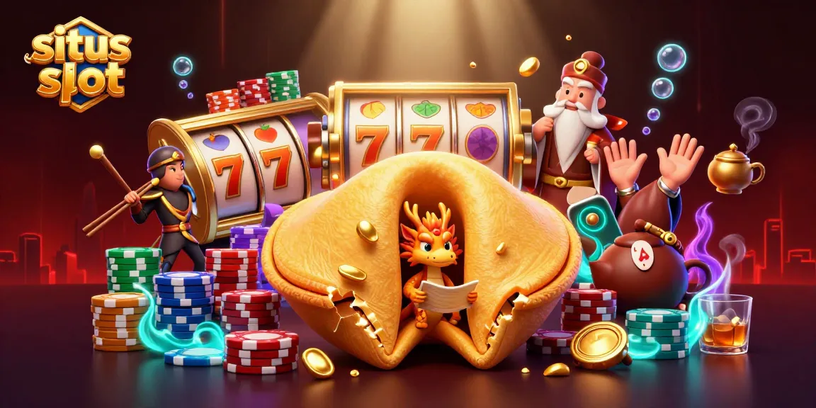 Permainan situs slot dengan simbol keberuntungan dan karakter menyenangkan dalam ilustrasi ceria.