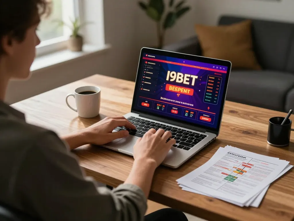 I9BET online gaming session showing player strategizing bets with notes and laptop.