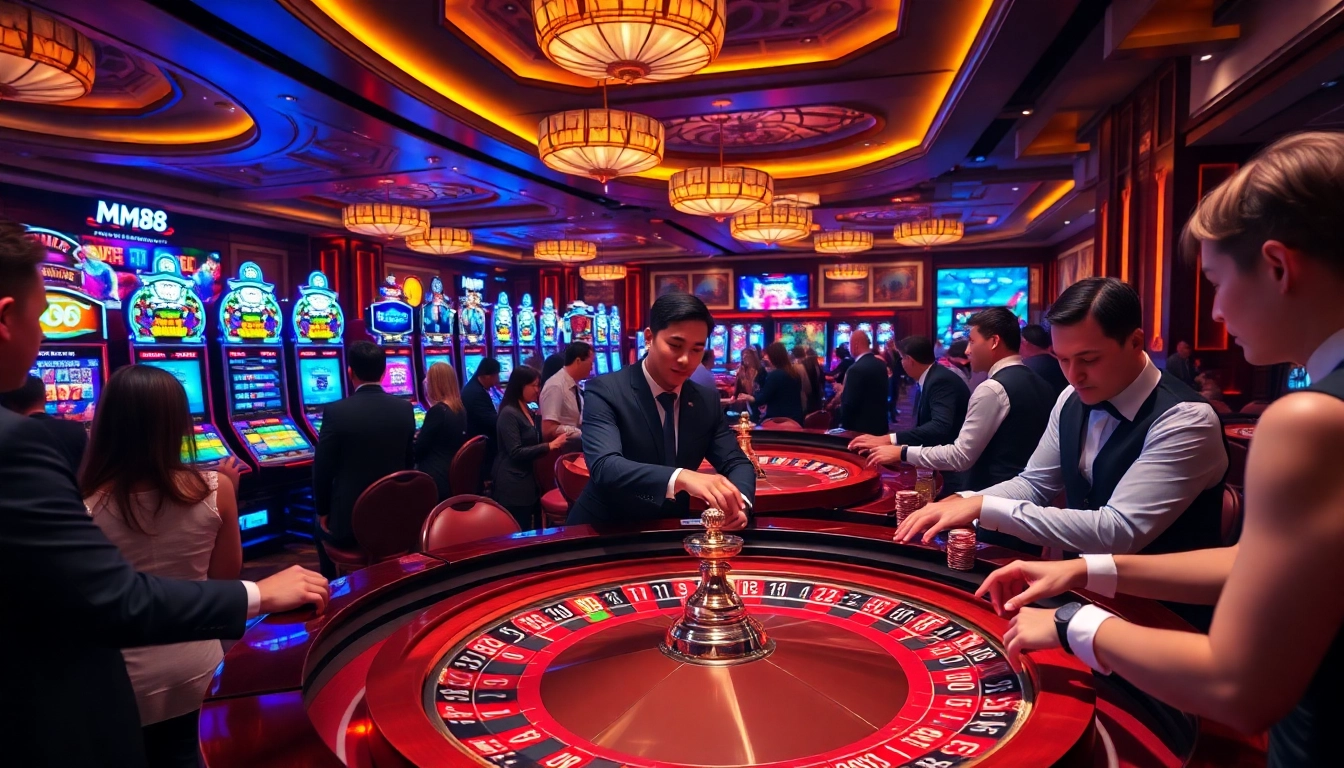 Experience the excitement of MM88 at a vibrant casino with roulette, slots, and professional dealers.