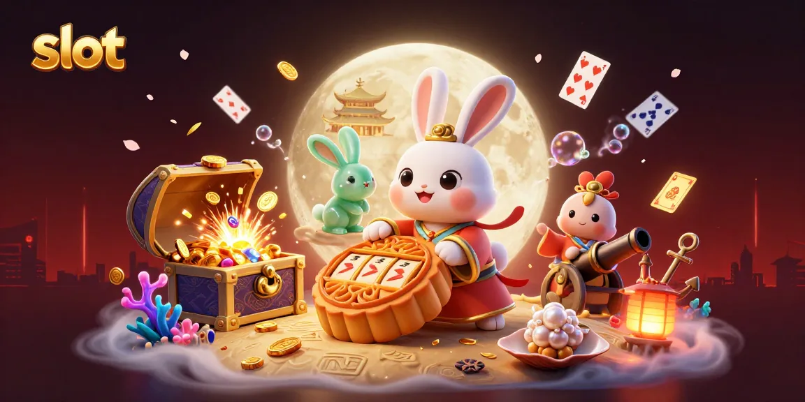 Spin the slot reels with a magical moon rabbit in a vibrant 3D casino scene filled with treasures.