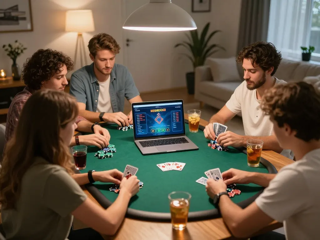 Friends playing poker at home with af88 online gaming interface visible, showcasing camaraderie and strategy.