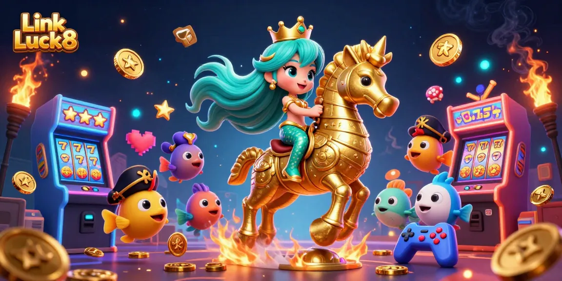 Play exciting games at Link Luck8 with vibrant 3D illustrations showcasing thrilling casino elements and characters.