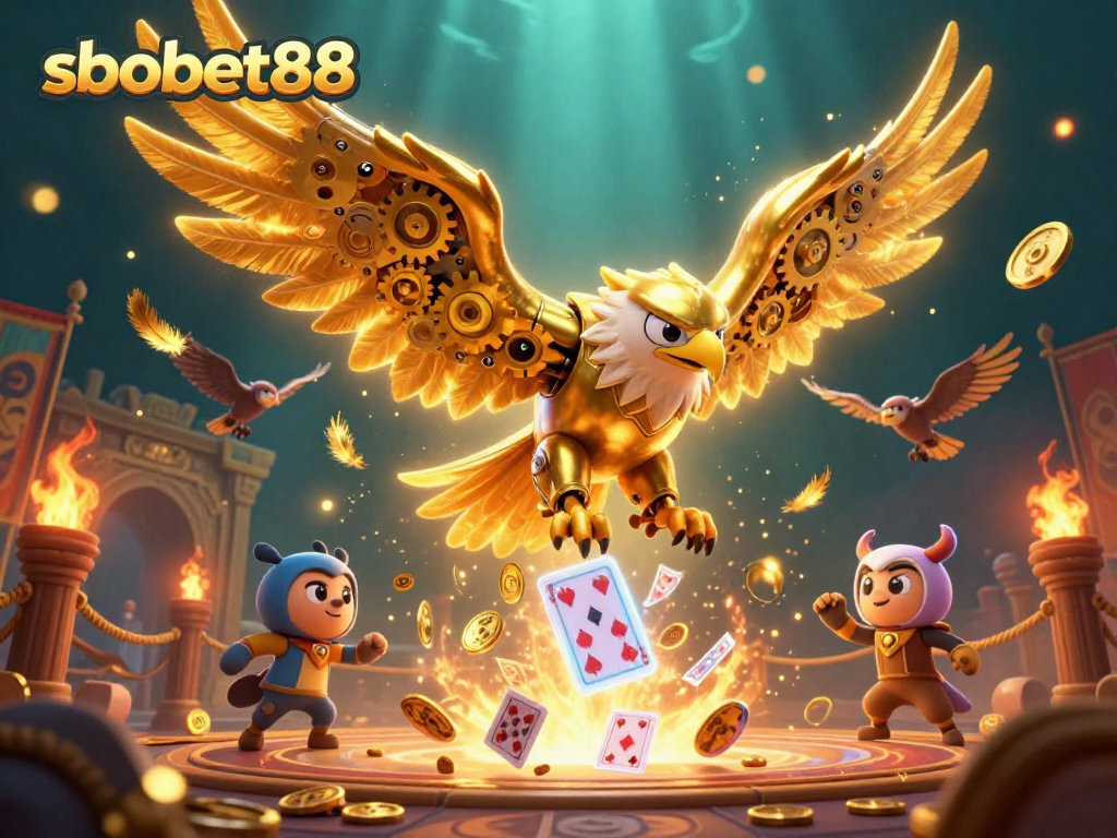 Engage with sbobet88 in a vibrant 3D illustration of a golden eagle dive into thrilling gambling action.