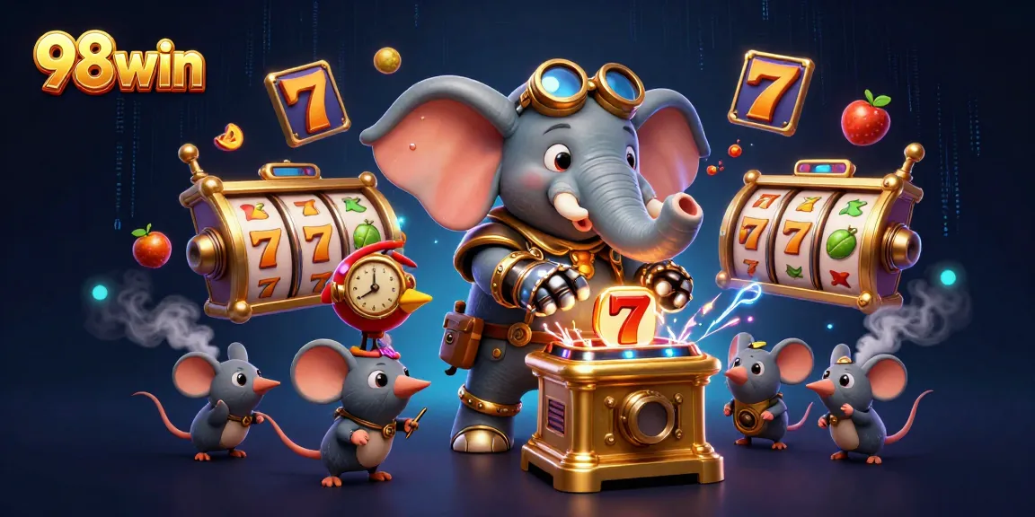 Engage with 98win's thrilling slot machines in an action-packed casino scene.