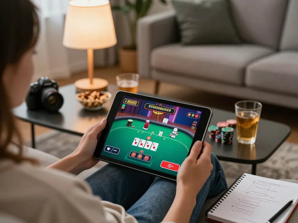 Engaging online gameplay experience at kp88 nhà cái with a user enjoying poker on a tablet in a cozy setting.