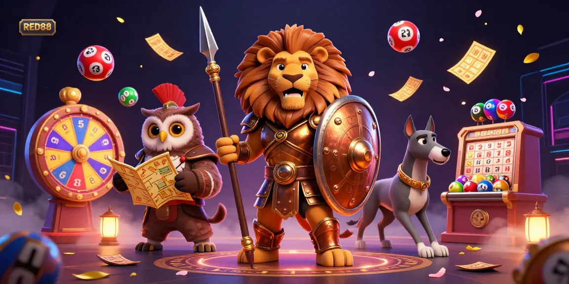 Watch RED88 come to life with a dynamic 3D scene featuring a Spartan lion, tactical owl, and speedy greyhound in a vibrant casino atmosphere.