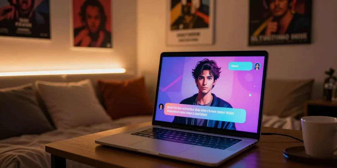 NSFW AI roleplay character engaging in intimate chat with colorful bubbles in a cozy bedroom setting.
