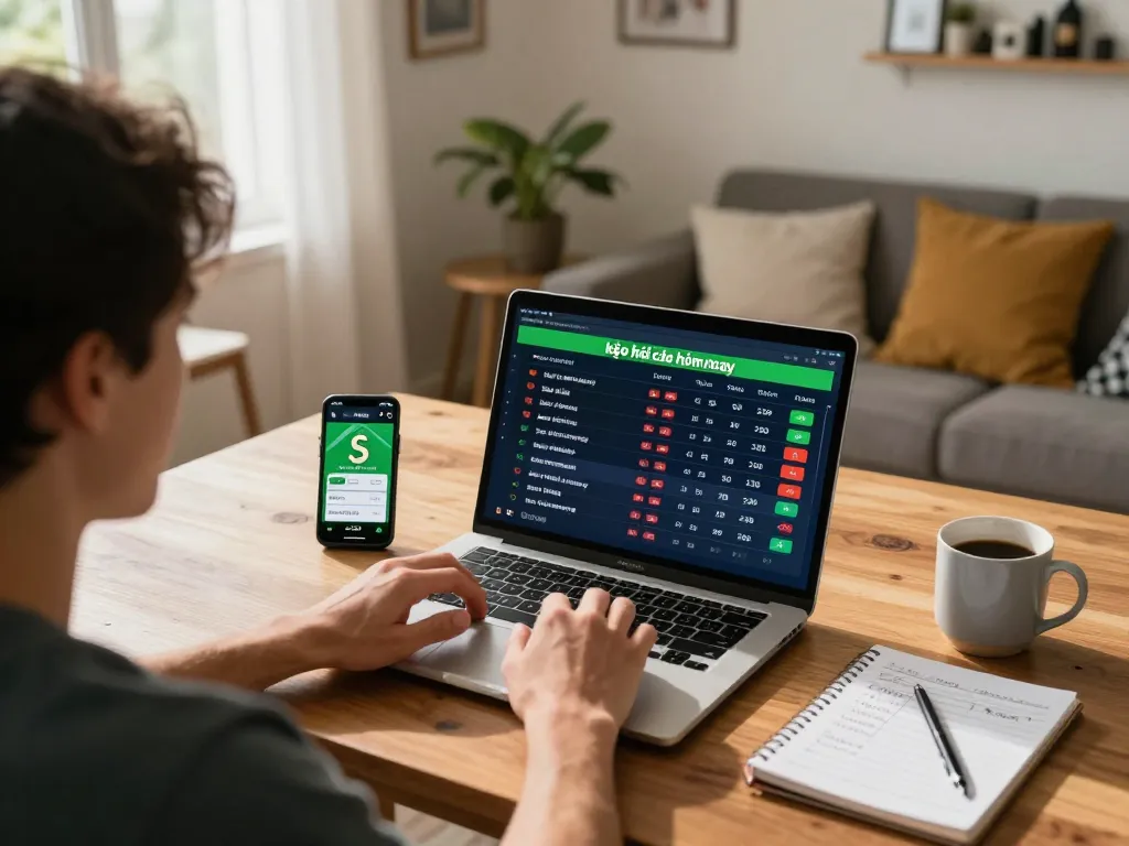 Engaging in online sports betting for kèo nhà cái hôm nay using a laptop and smartphone in a cozy home setting
