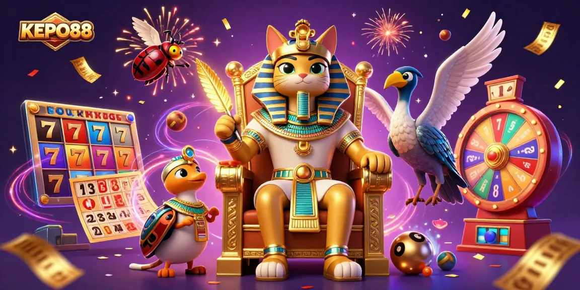 Immerse yourself in KEPO88's vibrant gaming universe with an Egyptian pharaoh cat and lucky slot reels.