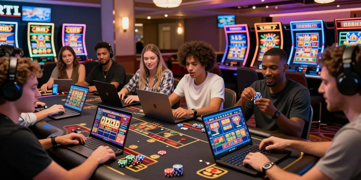 Exciting scene of diverse players enjoying credit card casinos at https://dea.org.uk with vibrant slot games and live dealers.