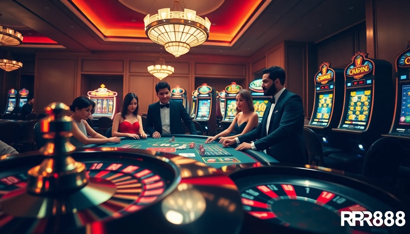 Experience RR88 casino excitement at a luxurious poker table surrounded by vibrant slot machines.