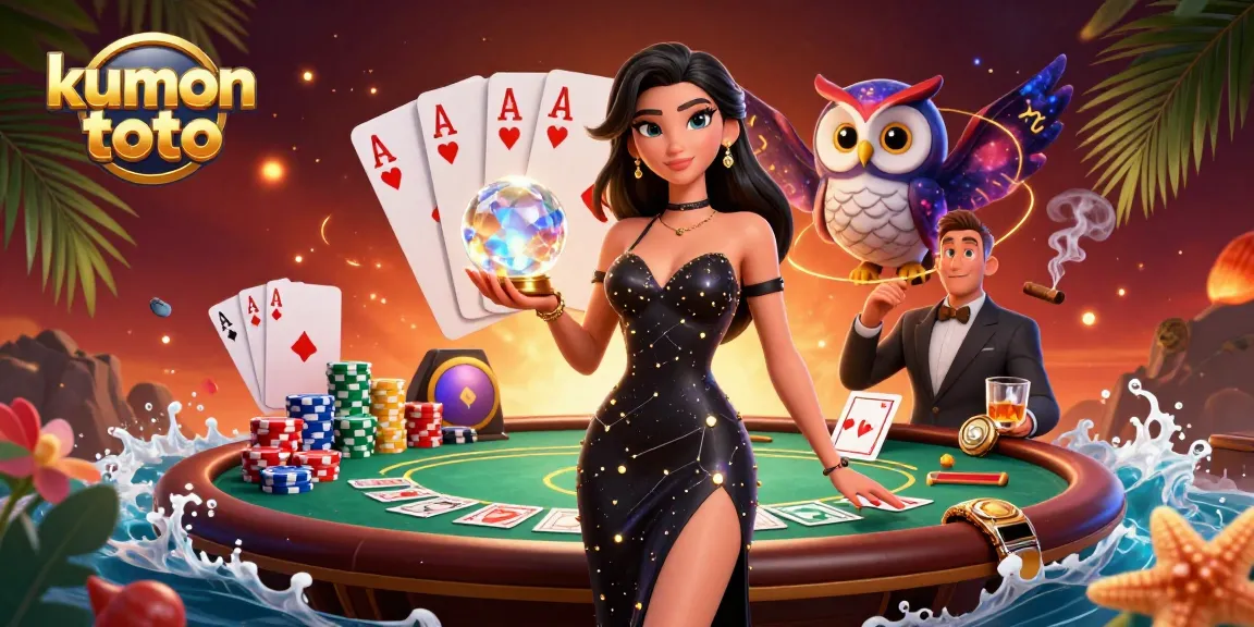 Kumon toto invites players with a mystical woman and owl, showcasing vibrant poker elements and casino excitement.