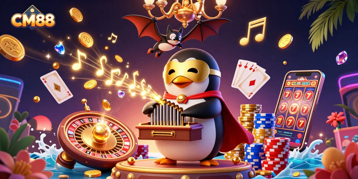 CM88 casino illustration showcasing a whimsical penguin organist amidst golden coins and lively gaming elements.