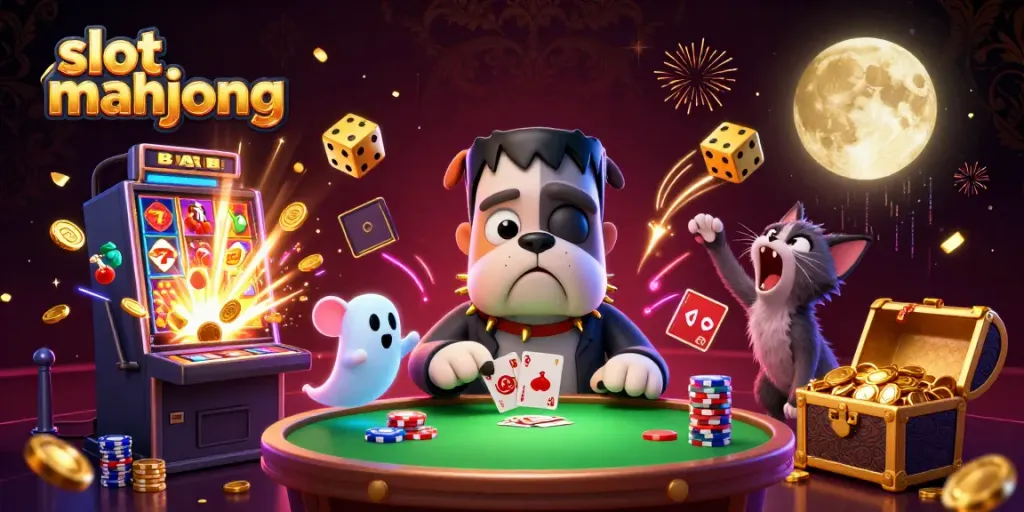 Experience slot mahjong in a thrilling casino scene with animated characters and vibrant game elements.