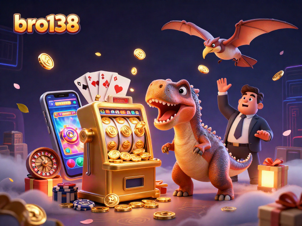 Memenangkan jackpot di bro138 dengan kepala pachycephalosaurus dan slot emas dalam ilustrasi kasino menghibur.