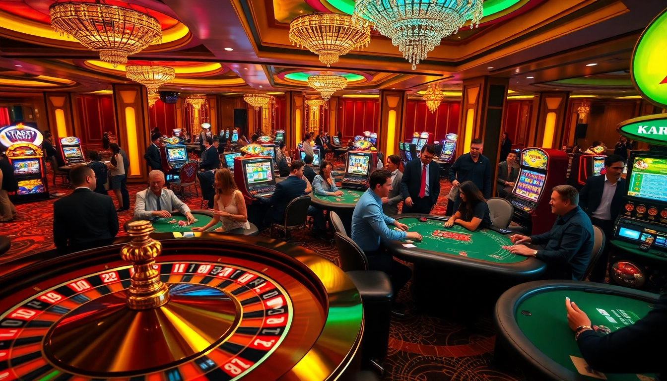 Tabet inspired luxury casino gaming scene featuring roulette, poker tables, and vibrant players.