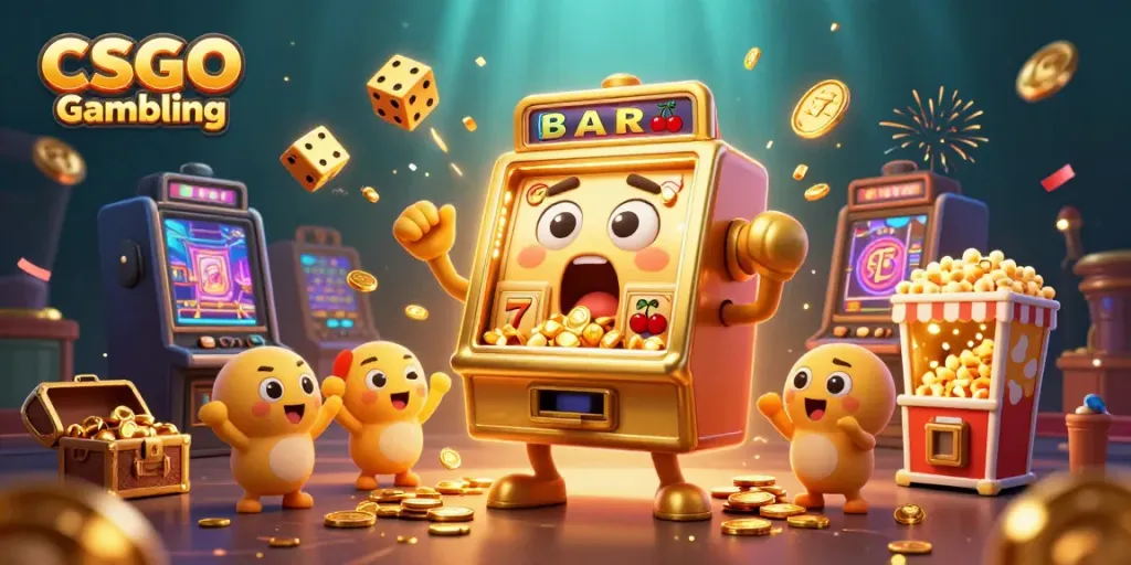 Experience thrilling CSGO Gambling with animated slot machines, coins, and colorful game elements.