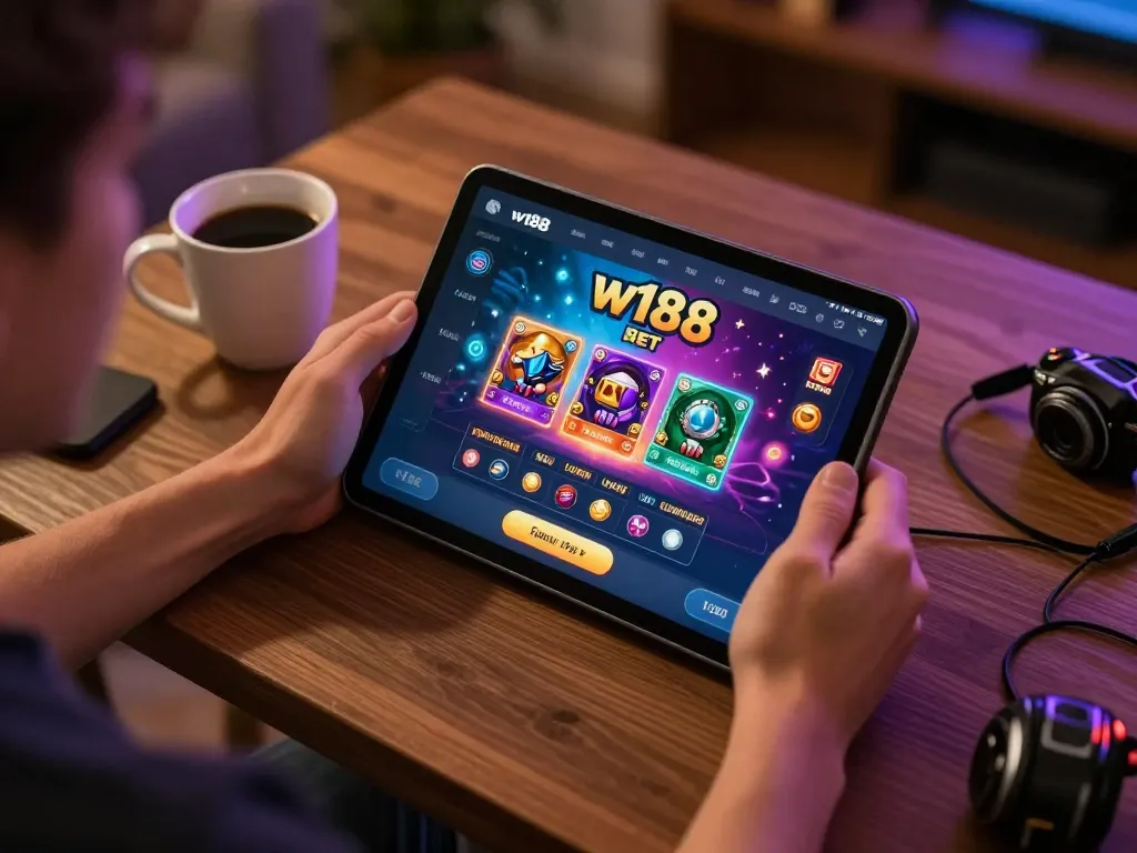 Engaging with w188 bet online gaming interface in a cozy home setup, emphasizing strategic gameplay