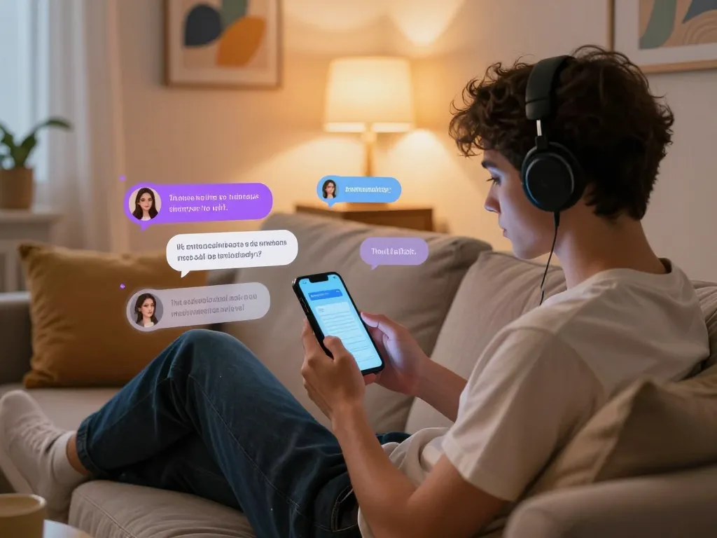 Engaging user enjoying sex chat AI experience with personalized virtual companion, cozy environment, warm lighting.