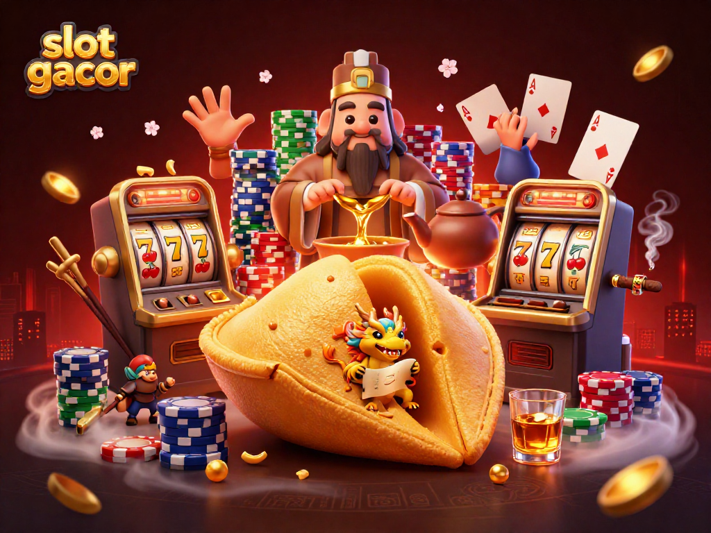 Menang slot gacor dengan gambar ilustrasi kasino berwarna cerah dan karakter yang menarik.