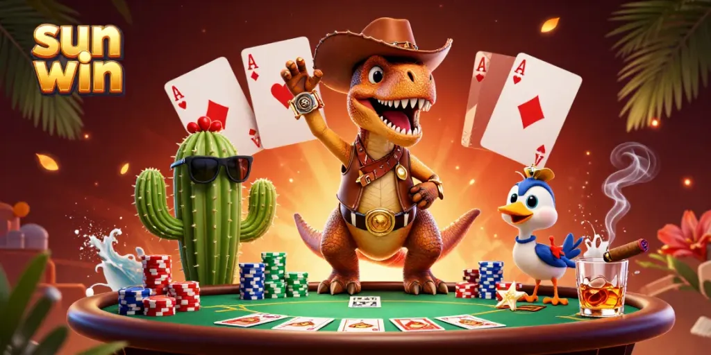 Experience sun win excitement at a lively poker game with dynamic characters and casino elements.